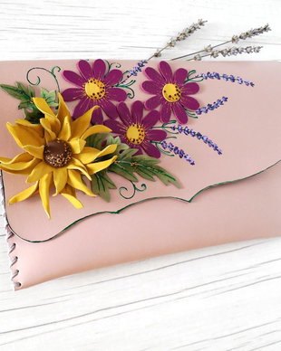 poseta plic handmade unicat din piele - Sunflower on pink