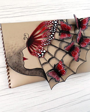 Poseta plic handmade unicat din piele naturala -Butterflies 2
