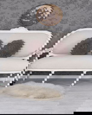 Sofa trei locuri din lemn masiv alb cu tapiterie din catifea grej