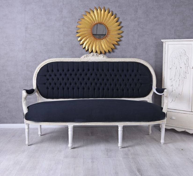 Sofa trei locuri din lemn masv alb cu tapiterie din catifea bleumarin
