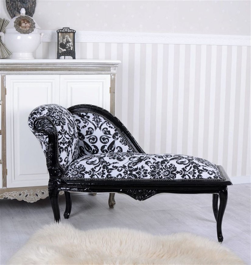 Sofa din lemn masiv negru cu tapiterie alba cu flori negre