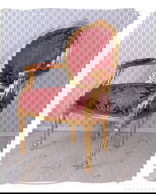 Semifotoliu din lemn masiv auriu antichizat cu tapiterie din matase rosie