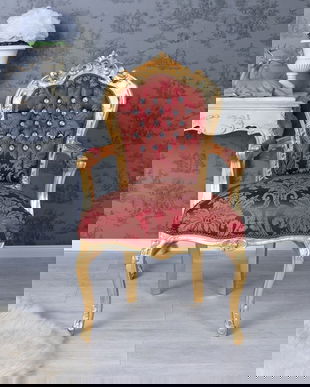 Semifotoliu din lemn masiv auriu antichizat cu tapiterie din matase rosie