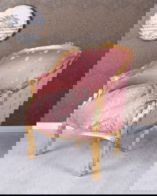 Fotoliu din lemn masiv auriu cu tapiterie din matase roz cu flori