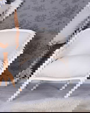 Fotoliu din lemn masiv alb cu tapiterie din catifea grej