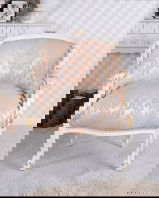 Fotoliu din lemn masiv alb cu tapiterie din matase grej cu flori bej