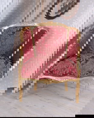 Fotoliu din lemn masiv auriu cu tapiterie din matase rosie