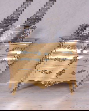 Comoda din lemn masiv auriu cu blat din marmura neagra