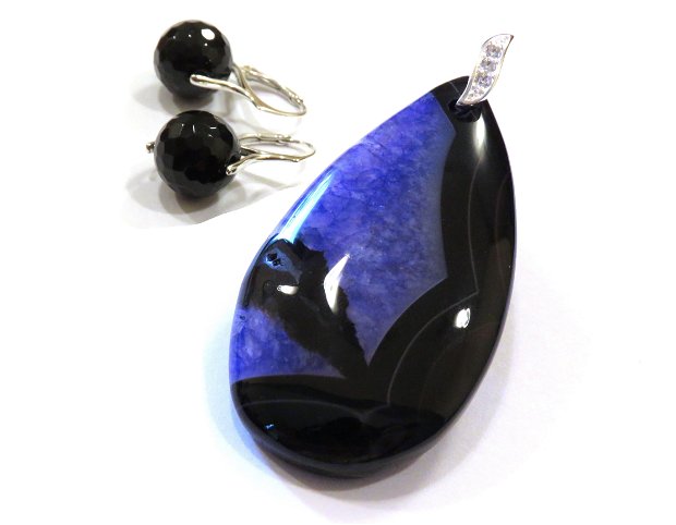 Pandantiv si cercei din Argint 925, Agata neagra cu cuart albastru violet - PA553, CE553 - colier si cercei pietre semipretioase, cadou elegant pentru sotie, cristale vindecatoare