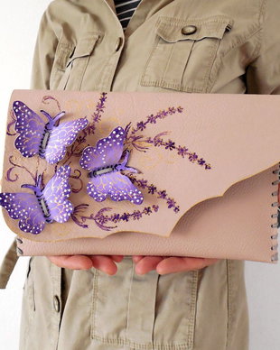 poseta plic handmade unicat din piele - Light Purple Butterflies