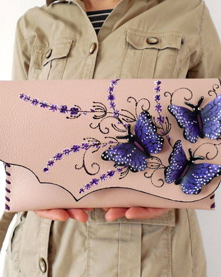 poseta plic handmade unicat din piele - Dark Purple Butterflies