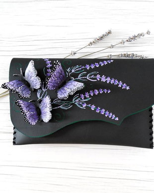 poseta plic handmade unicat din piele - Dark Purple Butterflies
