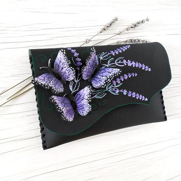 poseta plic handmade unicat din piele - Dark Purple Butterflies