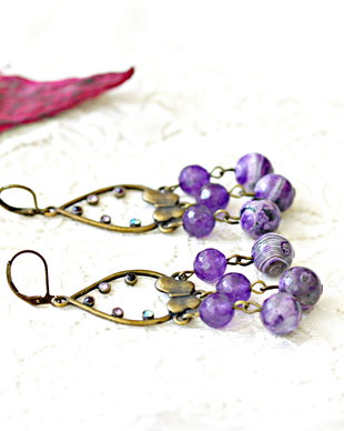 Cercei candelabru cu fluturi de jad violet