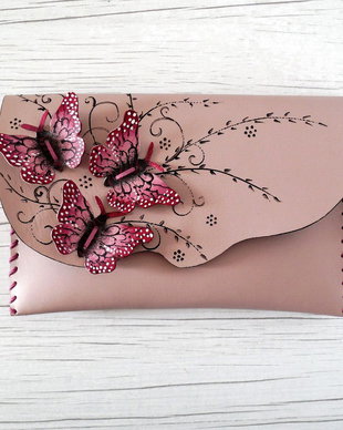 poseta plic handmade unicat din piele - Red Butterflies