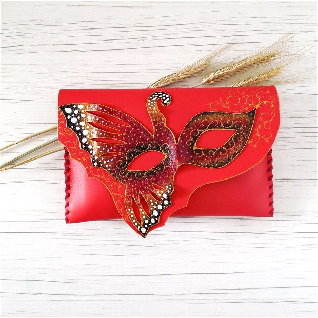 poseta plic handmade unicat din piele - Monarch Butterfly Mask