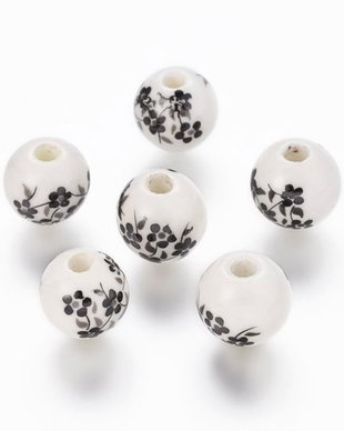 Margele portelan, flori negre, 12mm