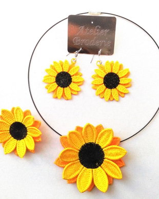 Cercei, brosa si colier floarea soarelui dubla la set   Sunflower