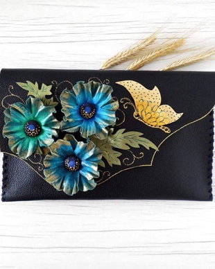poseta plic handmade unicat din piele - Anemone