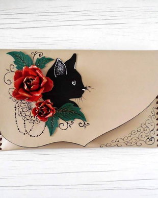 poseta plic handmade unicat din piele - Frida´s Cat