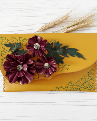 poseta plic handmade unicat din piele - Burgund Flowers