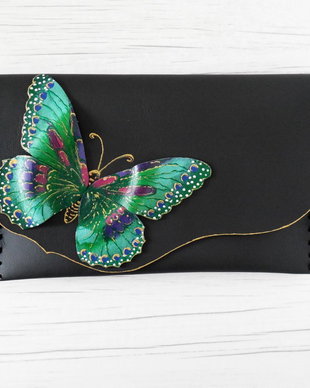 poseta plic handmade unicat din piele-Green Butterfly