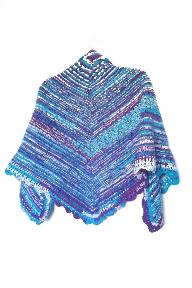 Eșarfă sal triunghiular fular tricotat manual mov turcoaz dungi