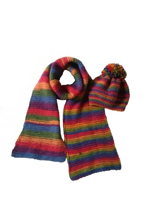 Set fular si caciula lana tricotat manual multicolor