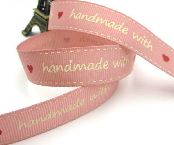 K0316 - (4,5m) Panglica ripsata/grosgrain, aspect matasos, "Handmade with love", 16mm