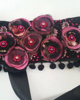Brau cordon curea; textil, cu flori negru-roz