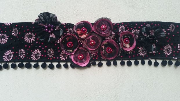 Brau cordon curea; textil, cu flori negru-roz
