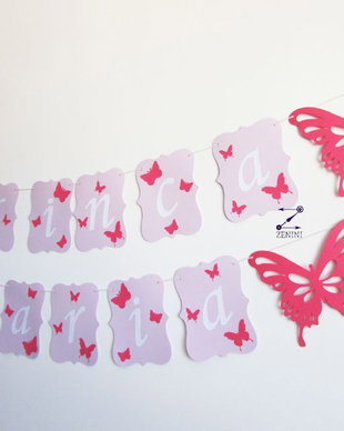 Ghirlanda fluturi, ghirlanda botez fluturi, banner botez, ghirlanda cu nume, banner cu fluturi roz, ghirlanda fetita