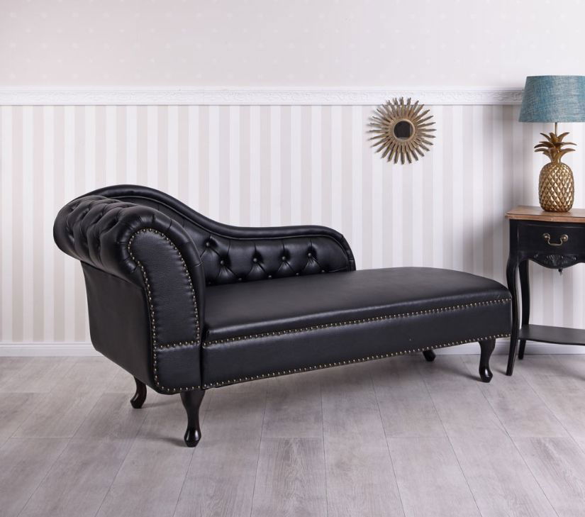 Sofa Chesterfield din lemn masiv negru cu tapiterie neagra