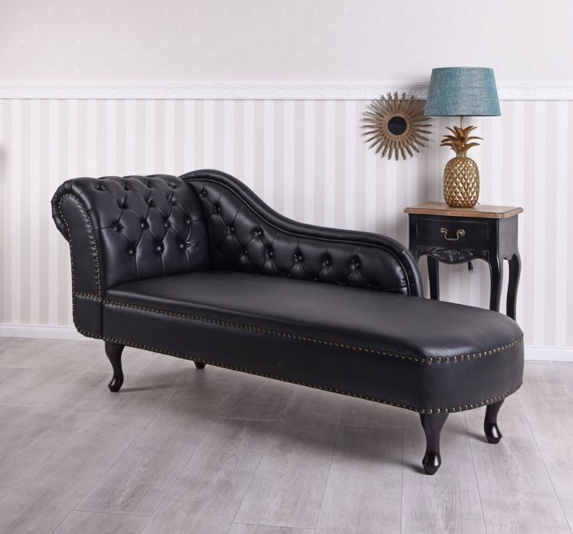 Sofa Chesterfield din lemn masiv negru cu tapiterie neagra