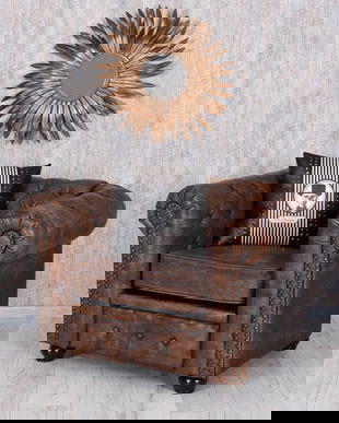 Fotoliu Chesterfield din lemn masiv cu tapiterie maro