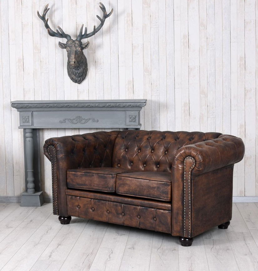 Sofa Chesterfield din lemn masiv cu tapiterie maro