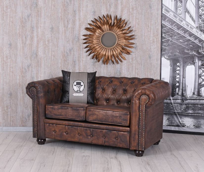 Sofa Chesterfield din lemn masiv cu tapiterie maro