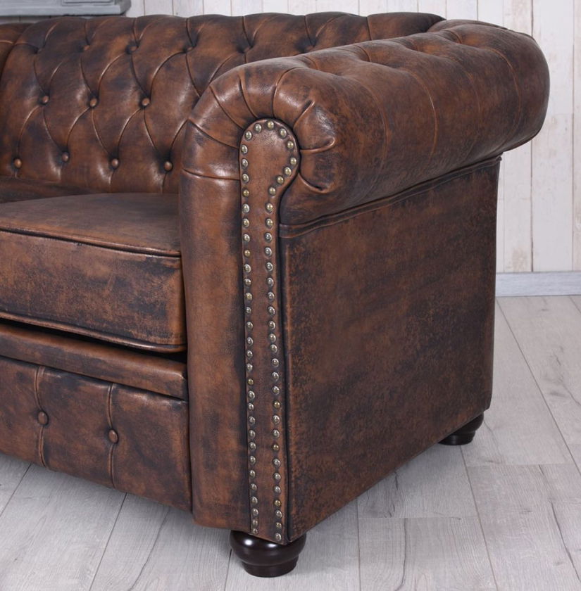 Sofa Chesterfield din lemn masiv cu tapiterie maro