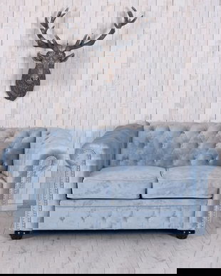 Sofa Chesterfield din lemn masiv cu tapiterie albastru marin