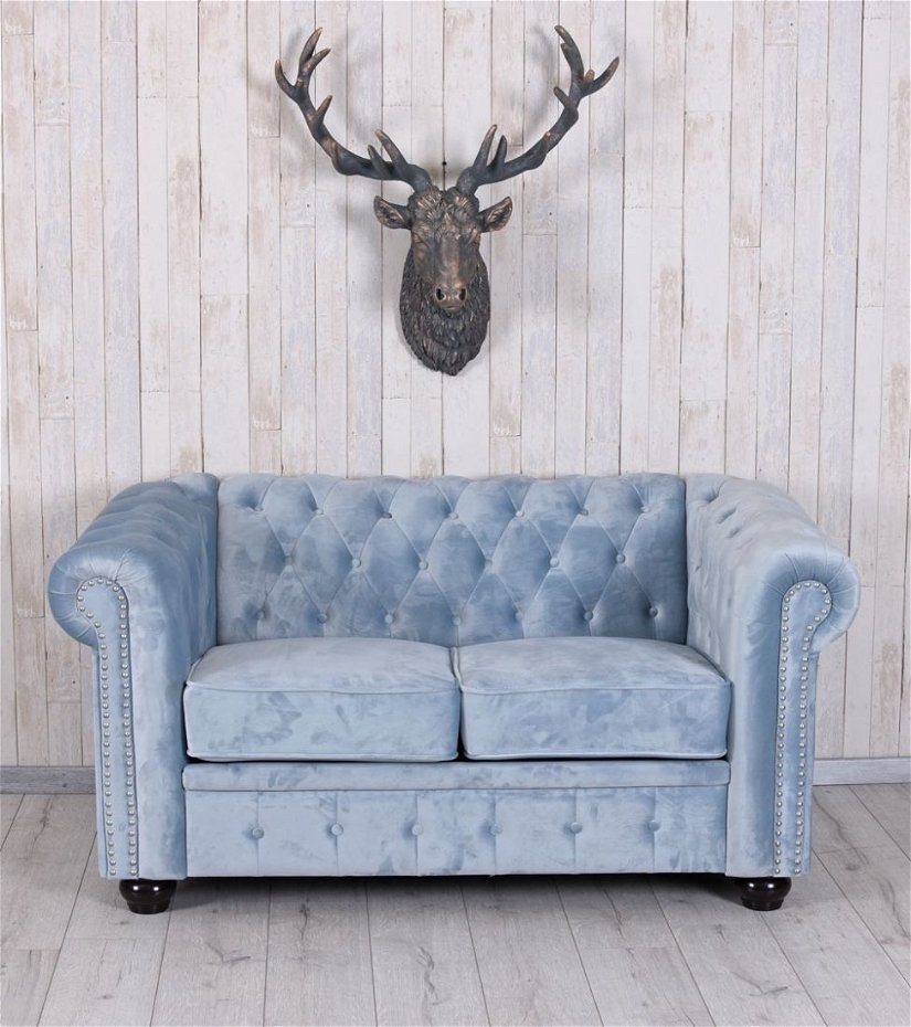 Sofa Chesterfield din lemn masiv cu tapiterie albastru marin