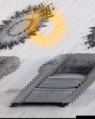 Fotoliu Chesterfield din lemn masiv cu tapiterie gri