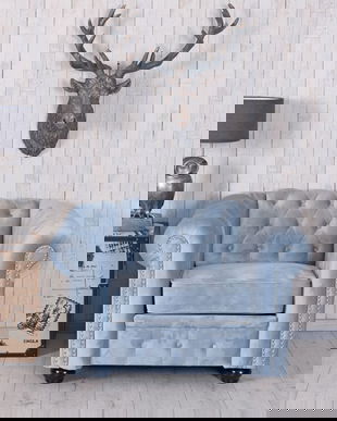 Fotoliu Chesterfield din lemn masiv cu tapiterie albastru marin