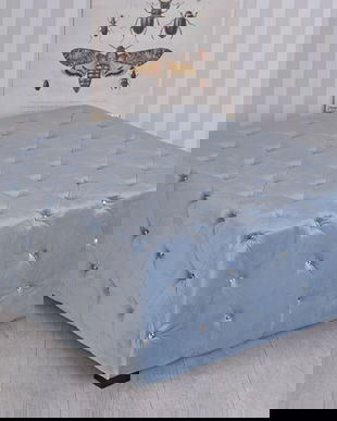 Otoman din lemn masiv cu tapiterie albastru marin