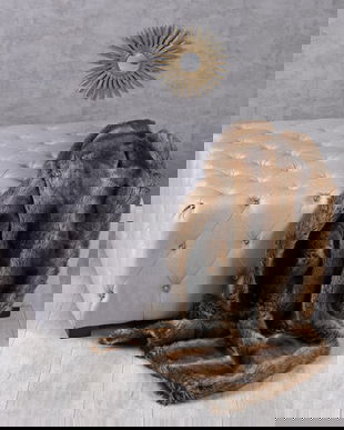 Otoman din lemn masiv cu tapiterie gri deschis