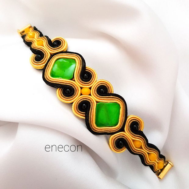 Brățara soutache galben-verde cu sidef