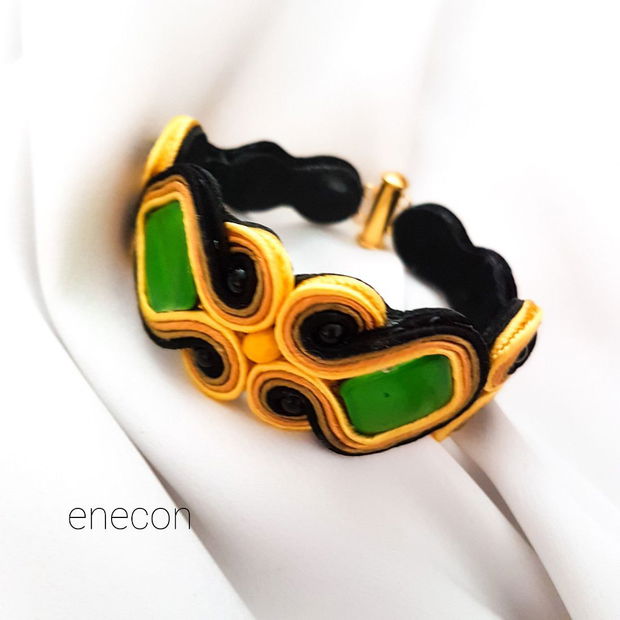 Brățara soutache galben-verde cu sidef