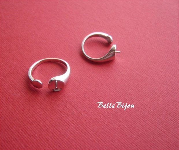 Baza inel reglabila din argint 925 rodiat cu pin si platou semi-rotund pentru lipit