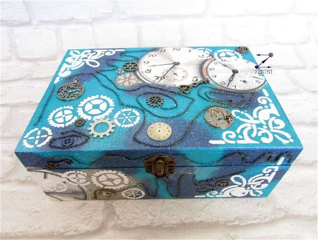 Cutie steampunk ceasuri, cutie pentru ceasuri, cutie turcoaz ceasuri, cutie mixed media, pernuta pentru ceasuri