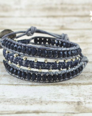 Bratara wrap cu snur de piele si mix de cristale ''Navy''