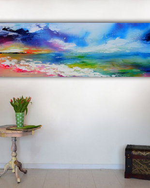 Tablou pictat manual XL, ''New Horizon 81" - Peisaj abstract XL - Pictura pe panza cu sasiu din lemn,120x40x2 cm, Ready to Hang, Modern, Unicat, Original
